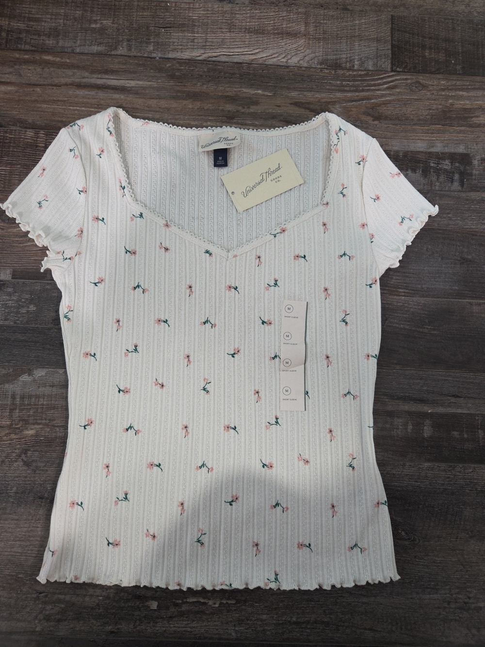 Universal Thread White Ribbed V‑Neck Tee with Pink & Green Floral Print